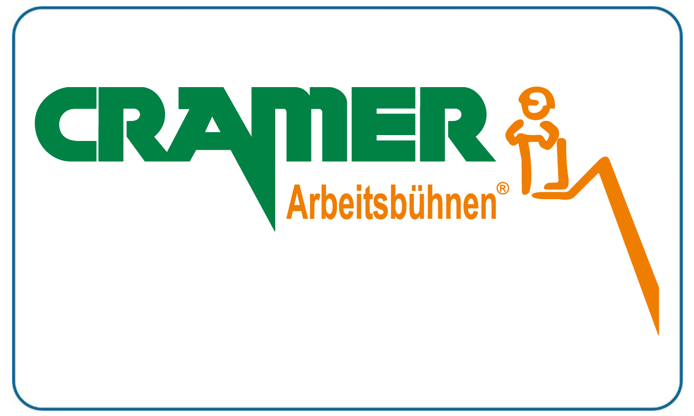 Grünes Cramer Logo mit orangefarbener Aufschrift Arbeitsbuehnen und Figur auf Hebebuehne