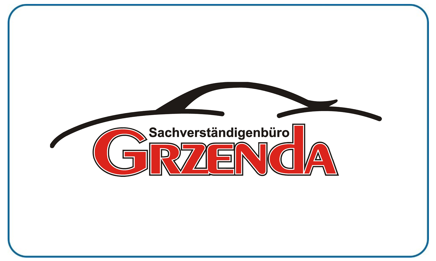 Schwarze Auto-Silhouette mit rotem Grzenda-Schriftzug und weißem Hintergrund