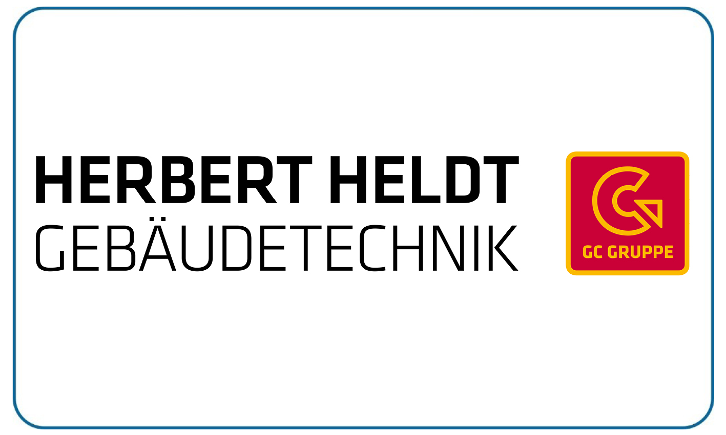 Schwarzer Schriftzug Herbert Heldt Gebäudetechnik mit gelbem GC Gruppe Logo auf weißem Grund