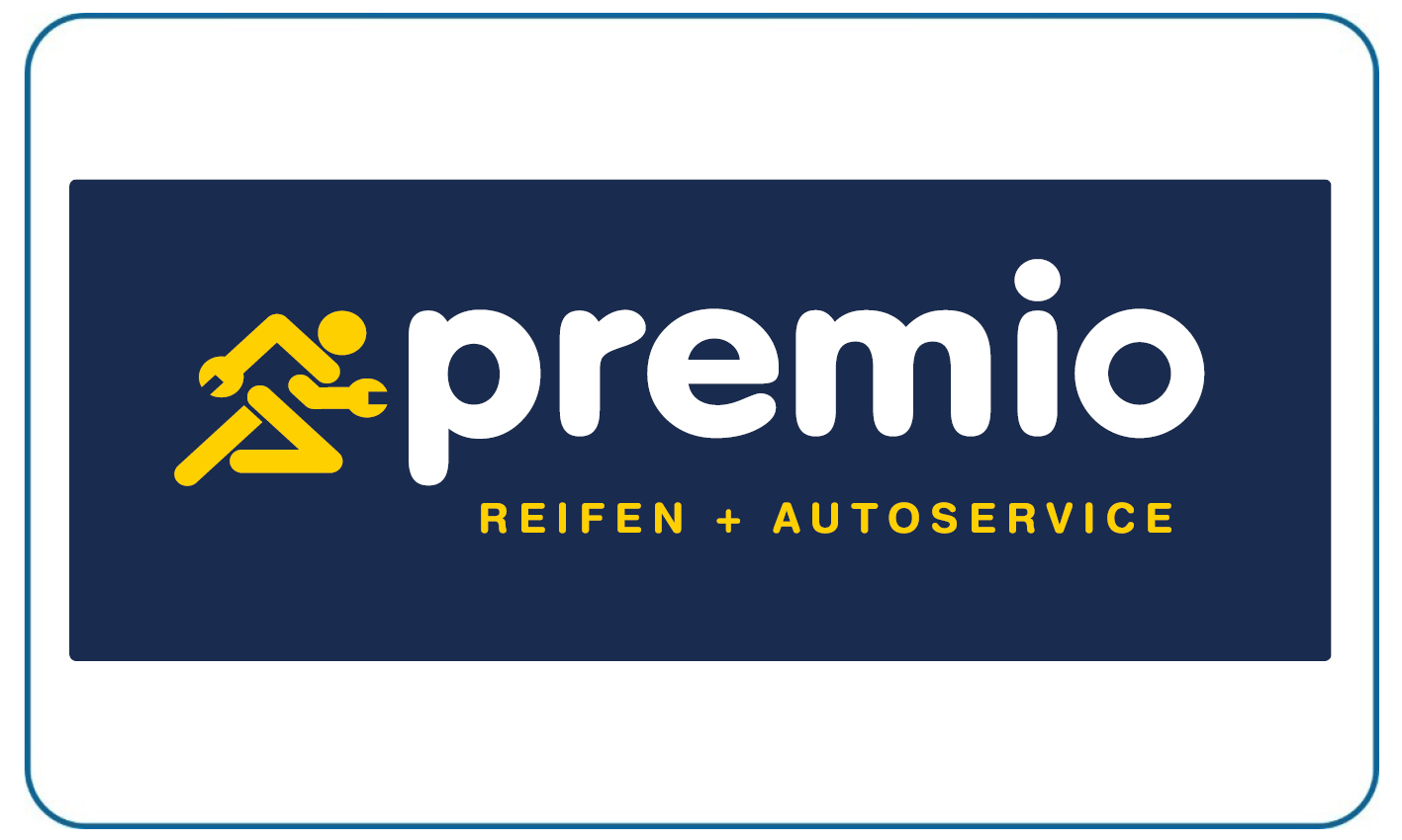 Das Premio Reifen und Autoservice Logo zeigt eine stilisierte gelbe Figur mit Werkzeug.