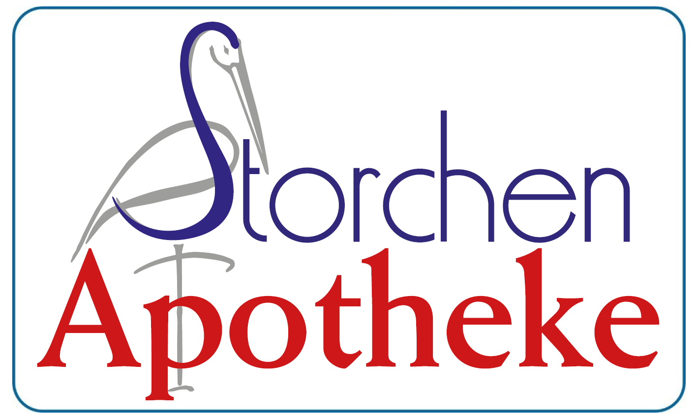 Logo mit einem stilisierten Storch und farbigen Schriftzügen Storchen Apotheke