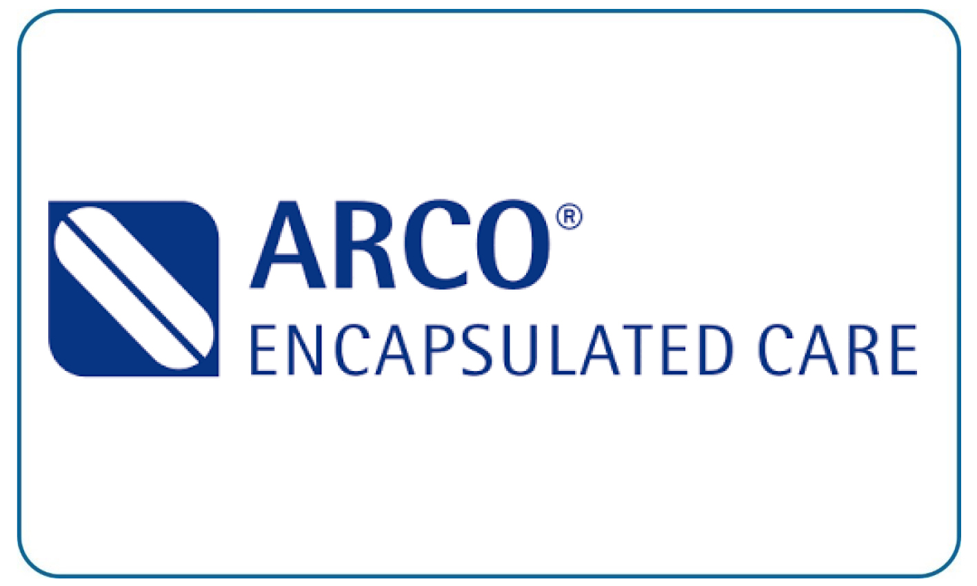 Blaues Logo mit weißem Symbol und Schriftzug ARCO Encapsulated Care auf weißem Grund