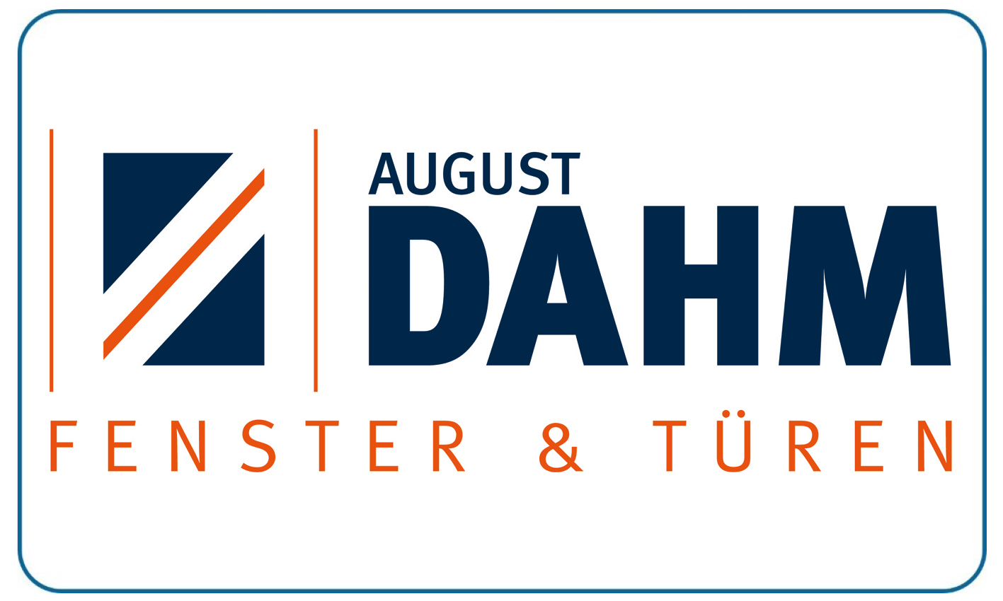 Das Logo von August Dahm Fenster und Türen mit blau-orangener Schrift und Grafik