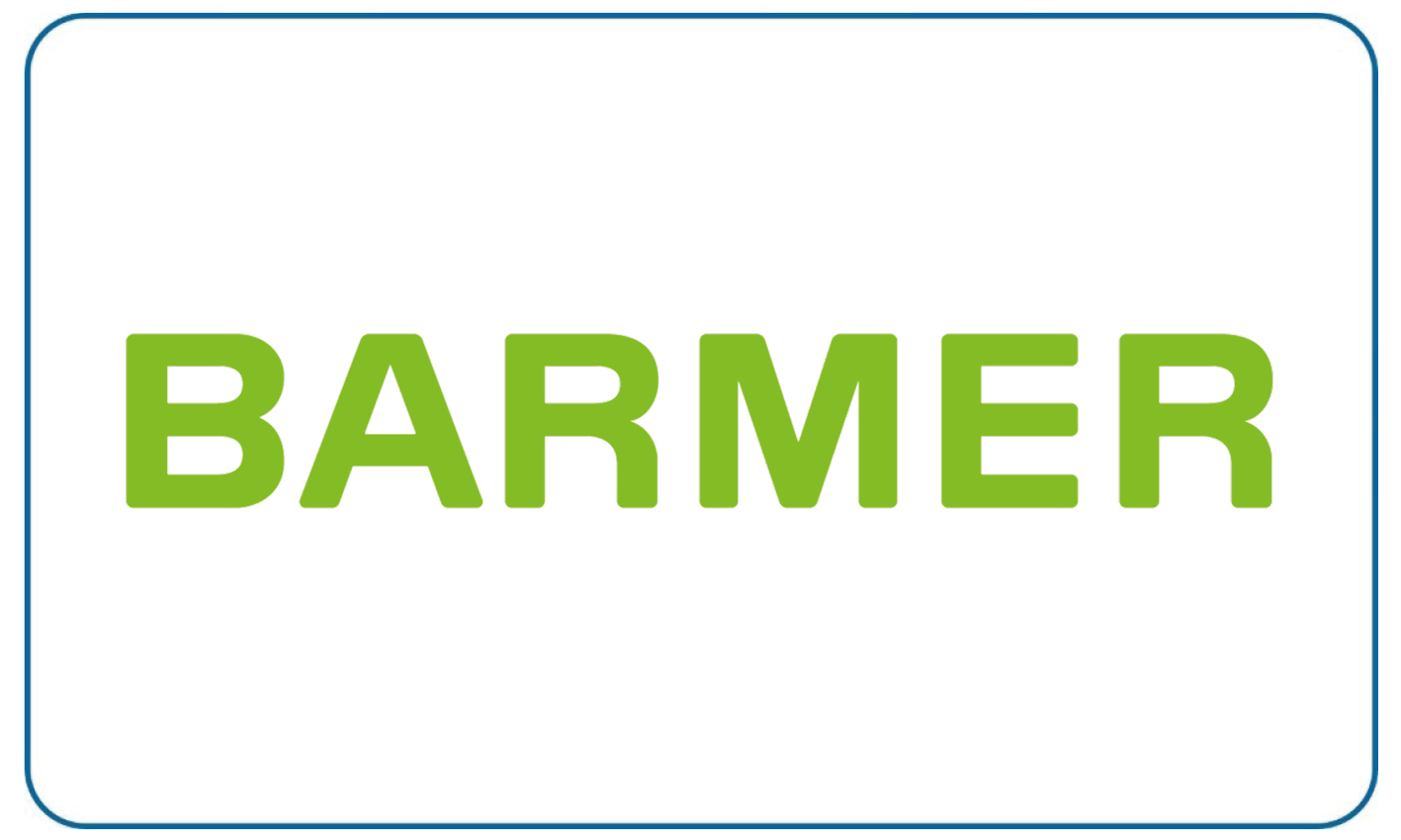 Grünes BARMER Logo mit klarer Schrift auf weißem Hintergrund und blauem Rahmen