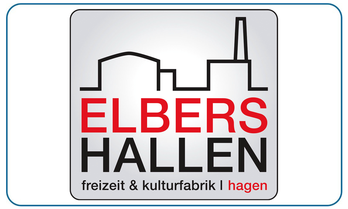 Schwarz rote Grafik mit Fabrik Silhouette und Text Elbershallen auf grauem Hintergrund
