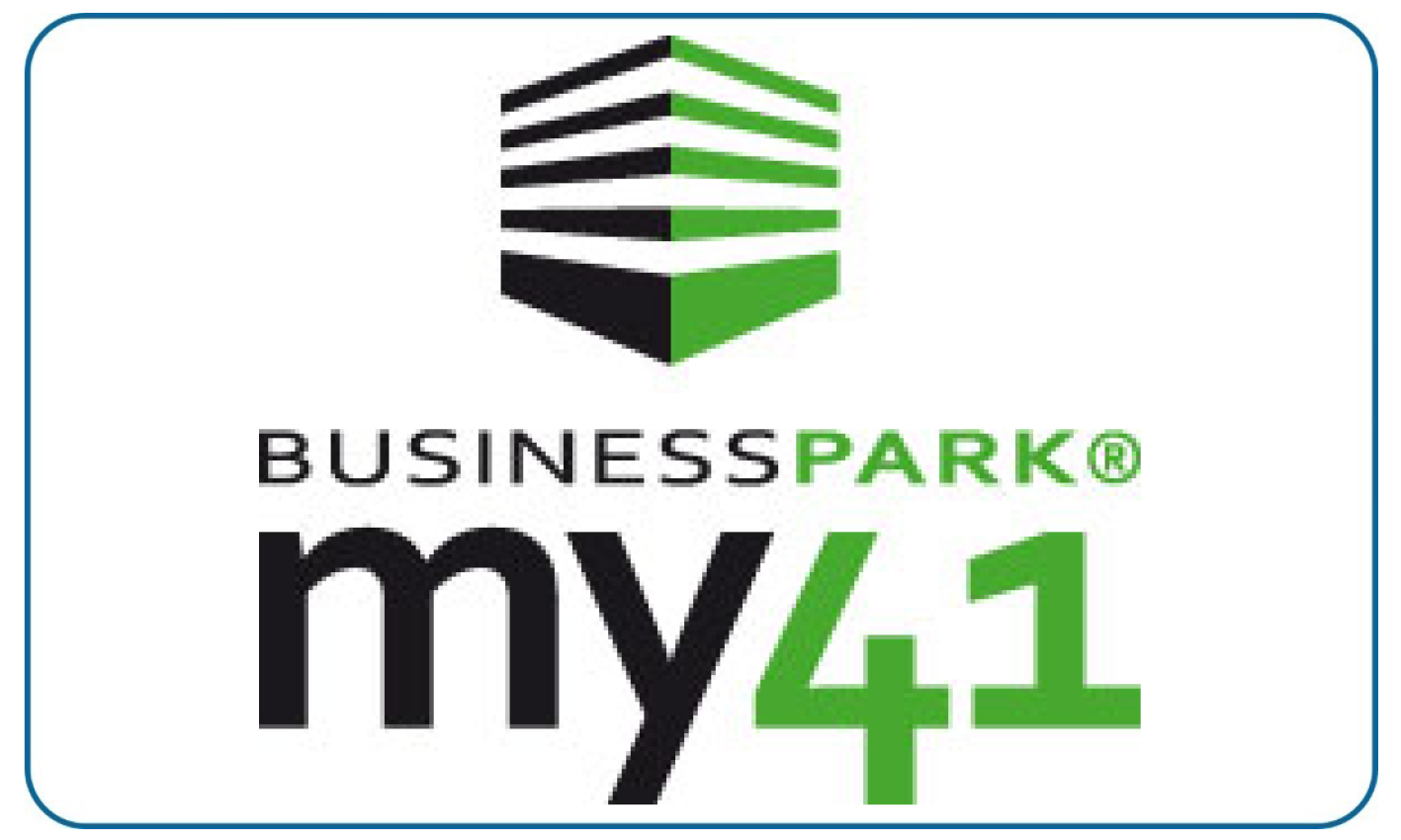 Das Bild zeigt das grüne und schwarze Logo von Businesspark my41 auf weißem Hintergrund