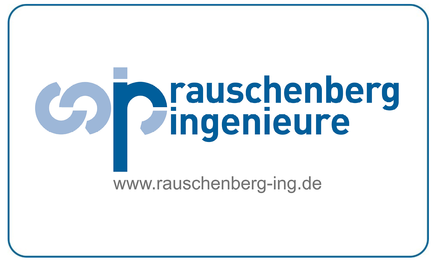 Das Logo zeigt blaue Buchstaben mit dem Text Rauschenberg Ingenieure und einer Website