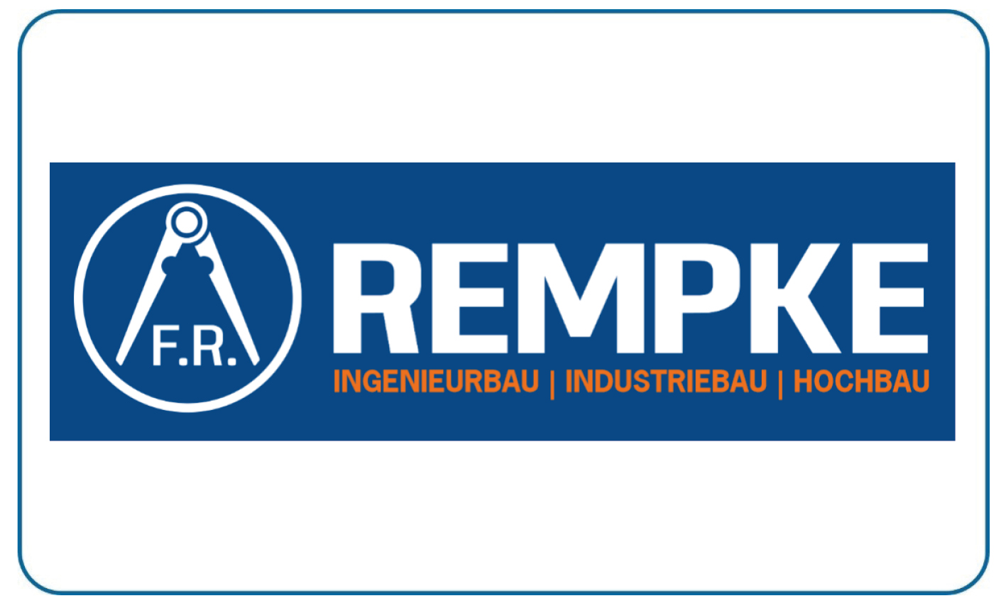 Blaues Logo mit weißem Zirkel und orangefarbener Aufschrift Rempke und Bauleistungen