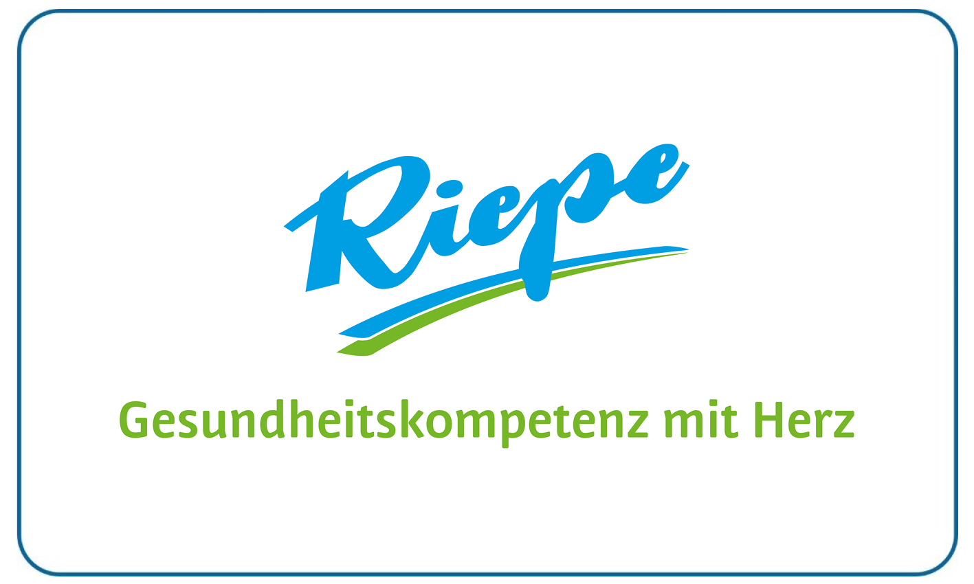 Das Riepe Logo in Blau mit grünem Bogen und Slogan in grüner Schrift