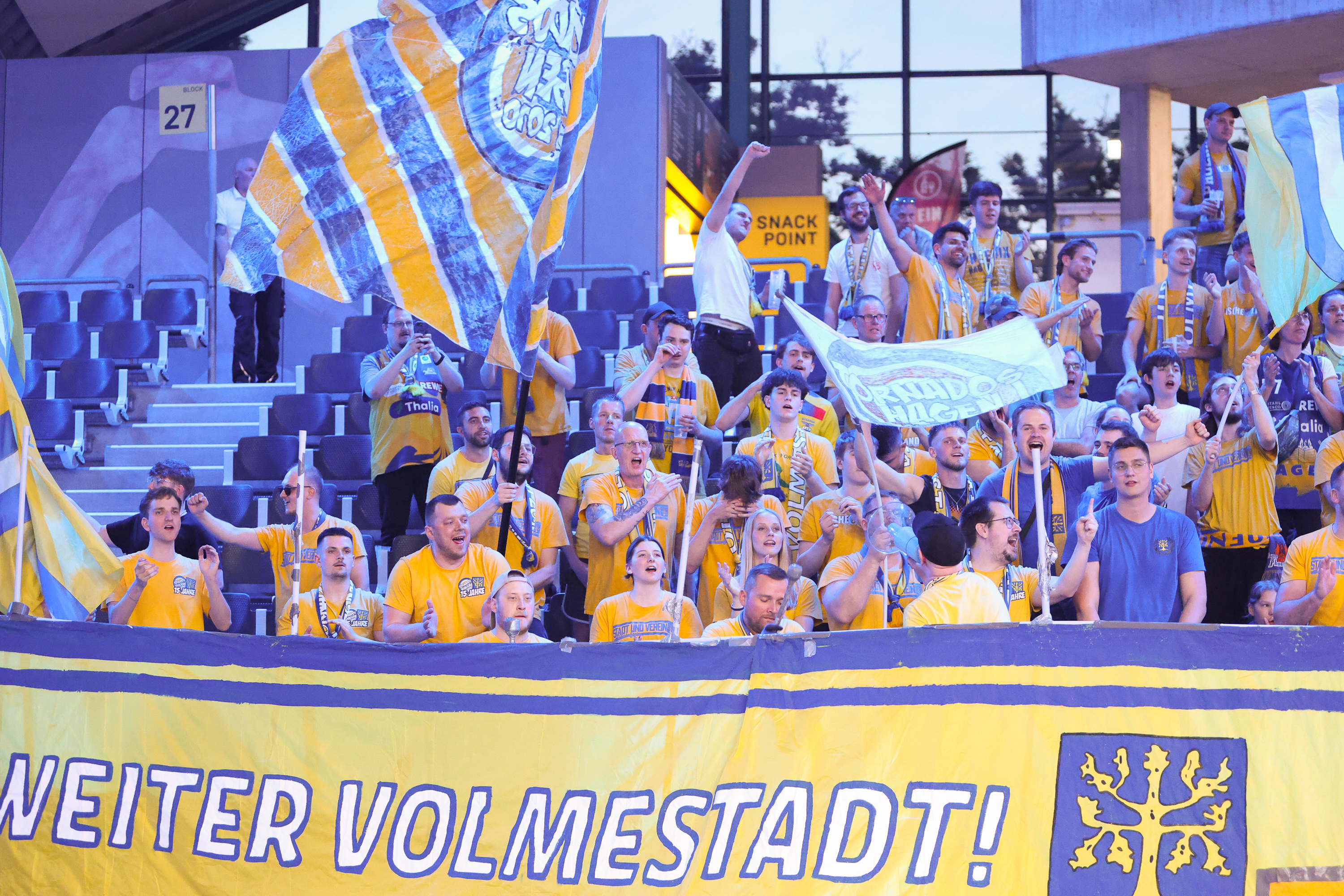 Fröhliche Fußballfans in gelben Trikots schwenken Fahnen und jubeln energisch