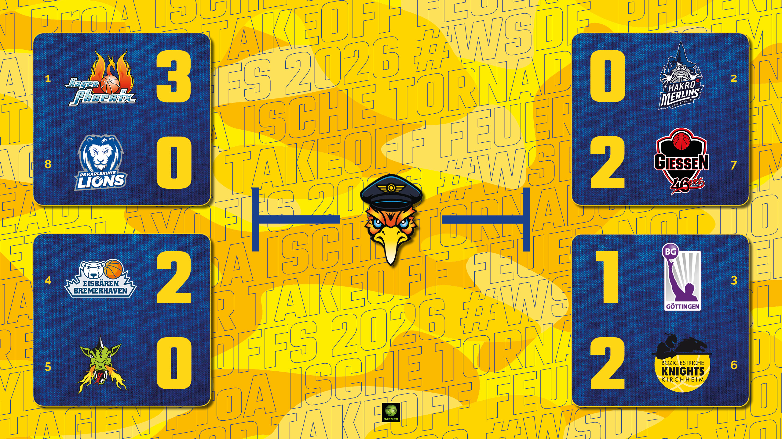 Vier farbige Basketballteamlogos mit Zahlen und einem maskierten Phönix in der Mitte