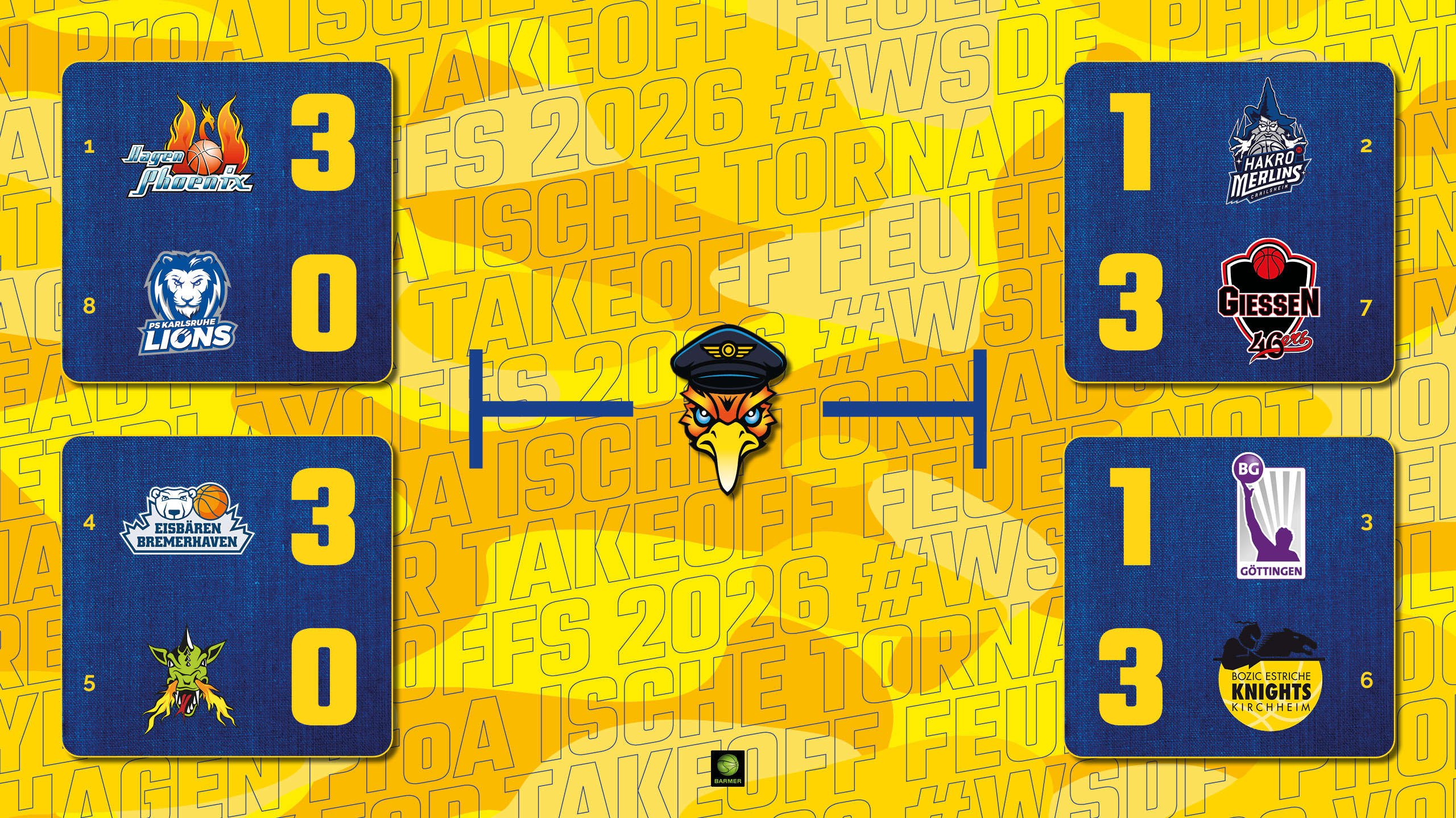 Vier farbenfrohe Basketball-Logos auf blauem Hintergrund mit spannenden Punkteständen