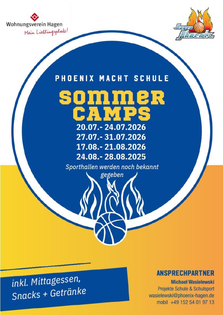 Ein Plakat mit gelbem Schriftzug für Sommercamps von Phoenix Hagen und blauem Hintergrund