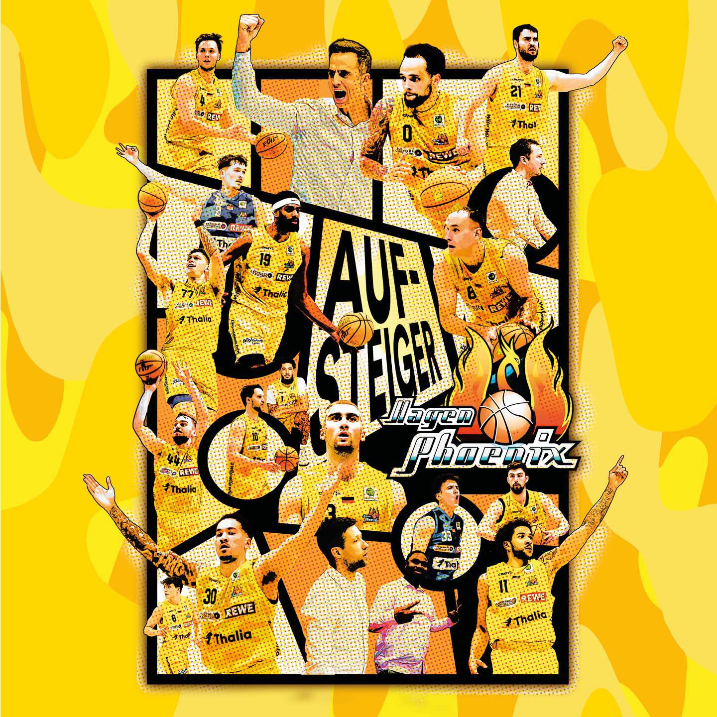 Jubelnde Basketballspieler in gelben Trikots mit Feuerlogo und Aufsteiger Schriftzug