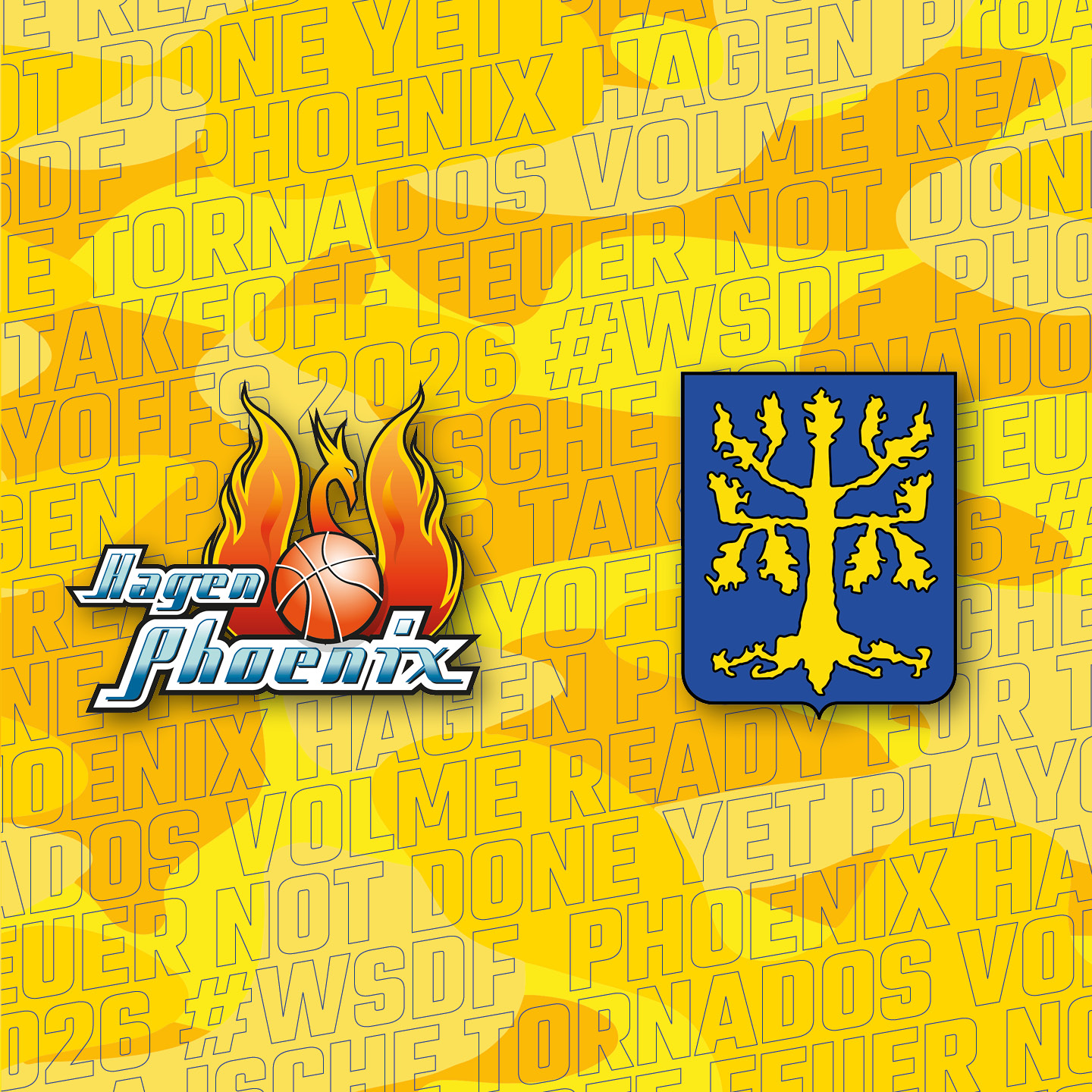 Gelbes Hagen Phoenix Motiv mit Flammen Basketball Logo und blauem Wappenbaum ohne Gesicht
