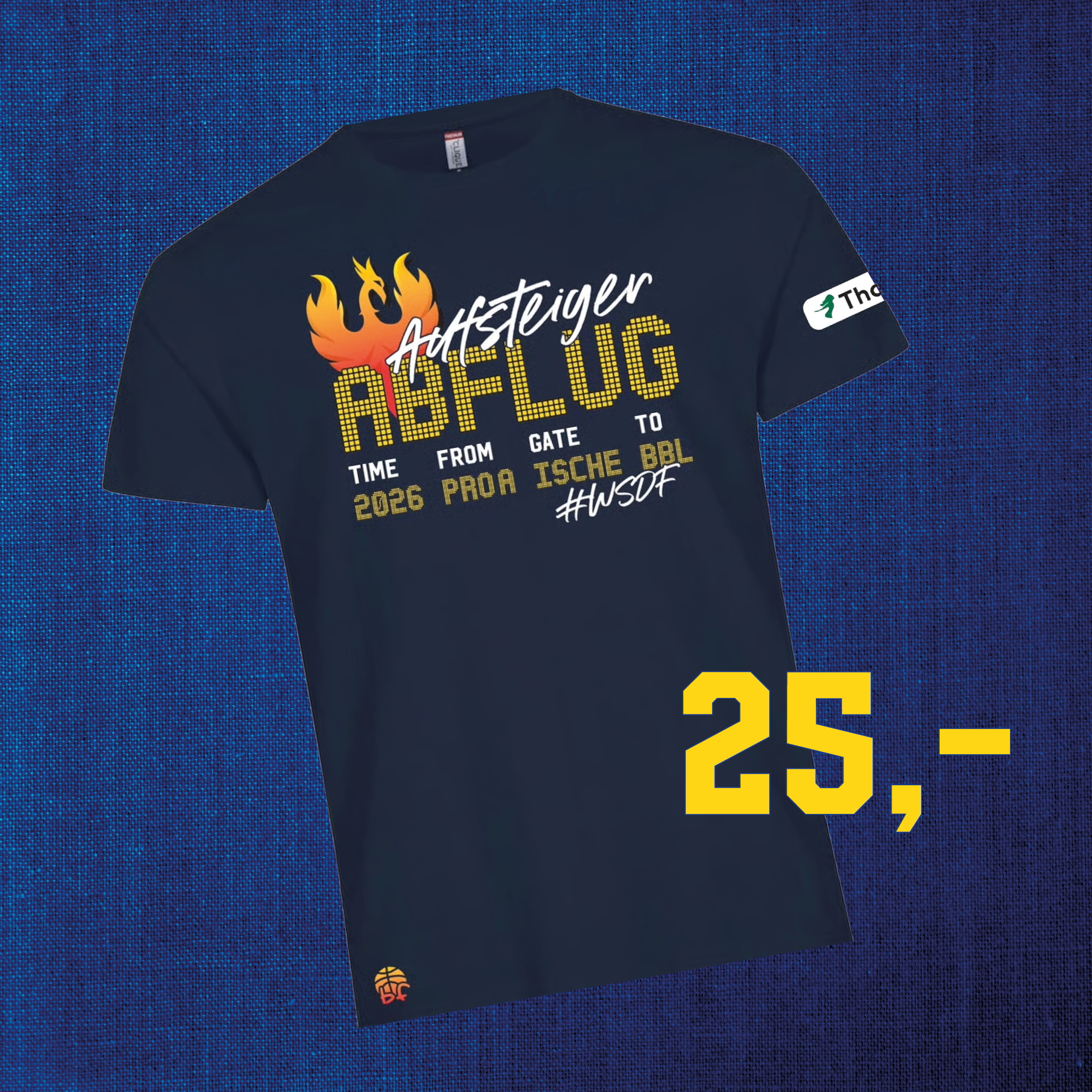 Dunkelblaues T Shirt mit Flamme und Aufsteiger RBK Lueg Schriftzug
