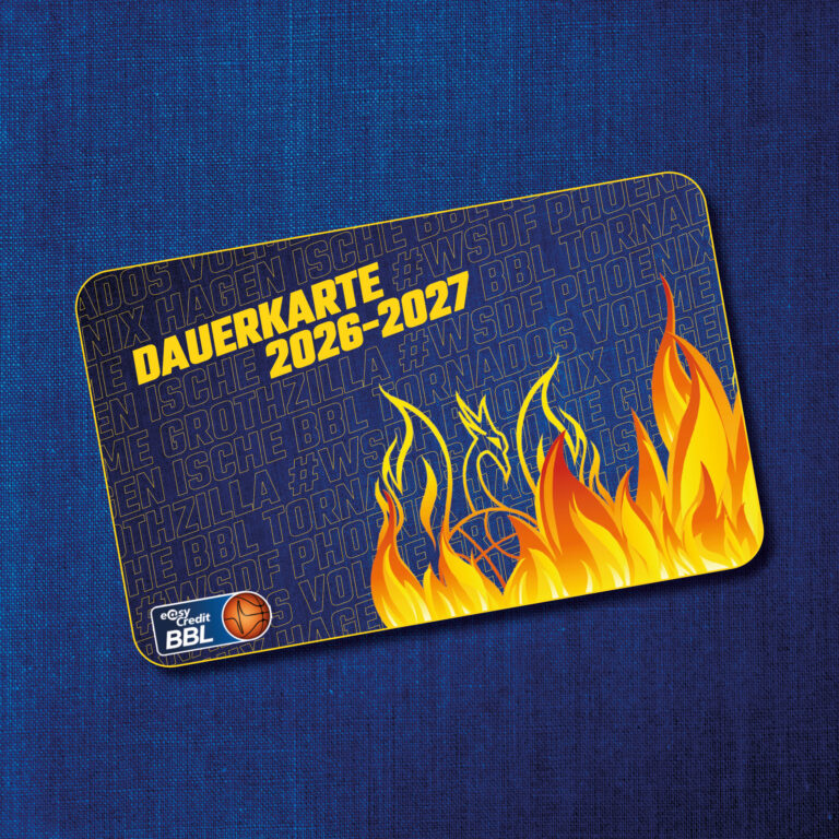 Blaue Dauerkarte 2026 bis 2027 mit gelben Flammen und Basketballmotiv