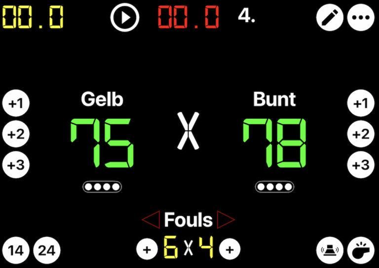 Digitale Anzeigetafel Gelb gegen Bunt 75 zu 78 mit Fouls 6 zu 4