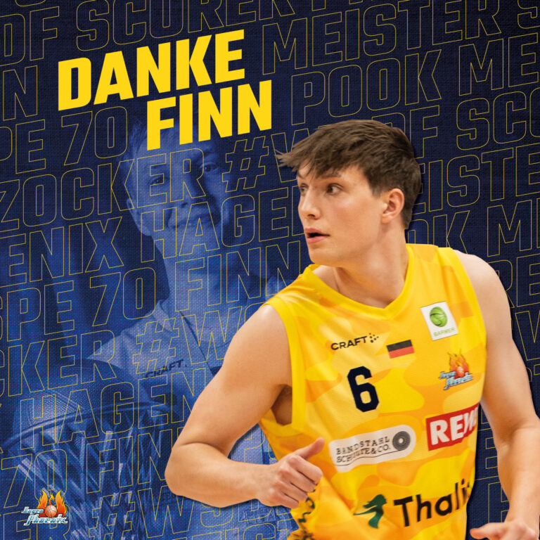 Mann mit neutralem Blick im gelben Trikot vor blauem Danke Finn Textdesign