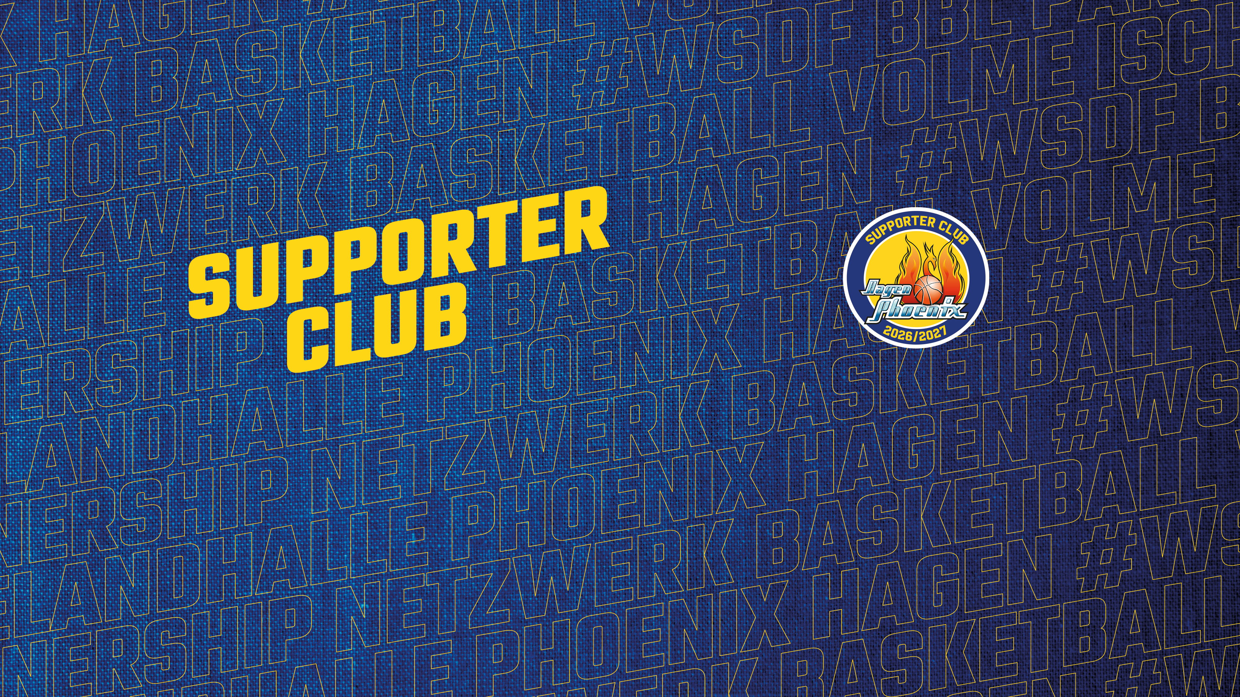 Blauer Supporter Club Banner mit gelbem Text und Phoenix Hagen Logo rechts