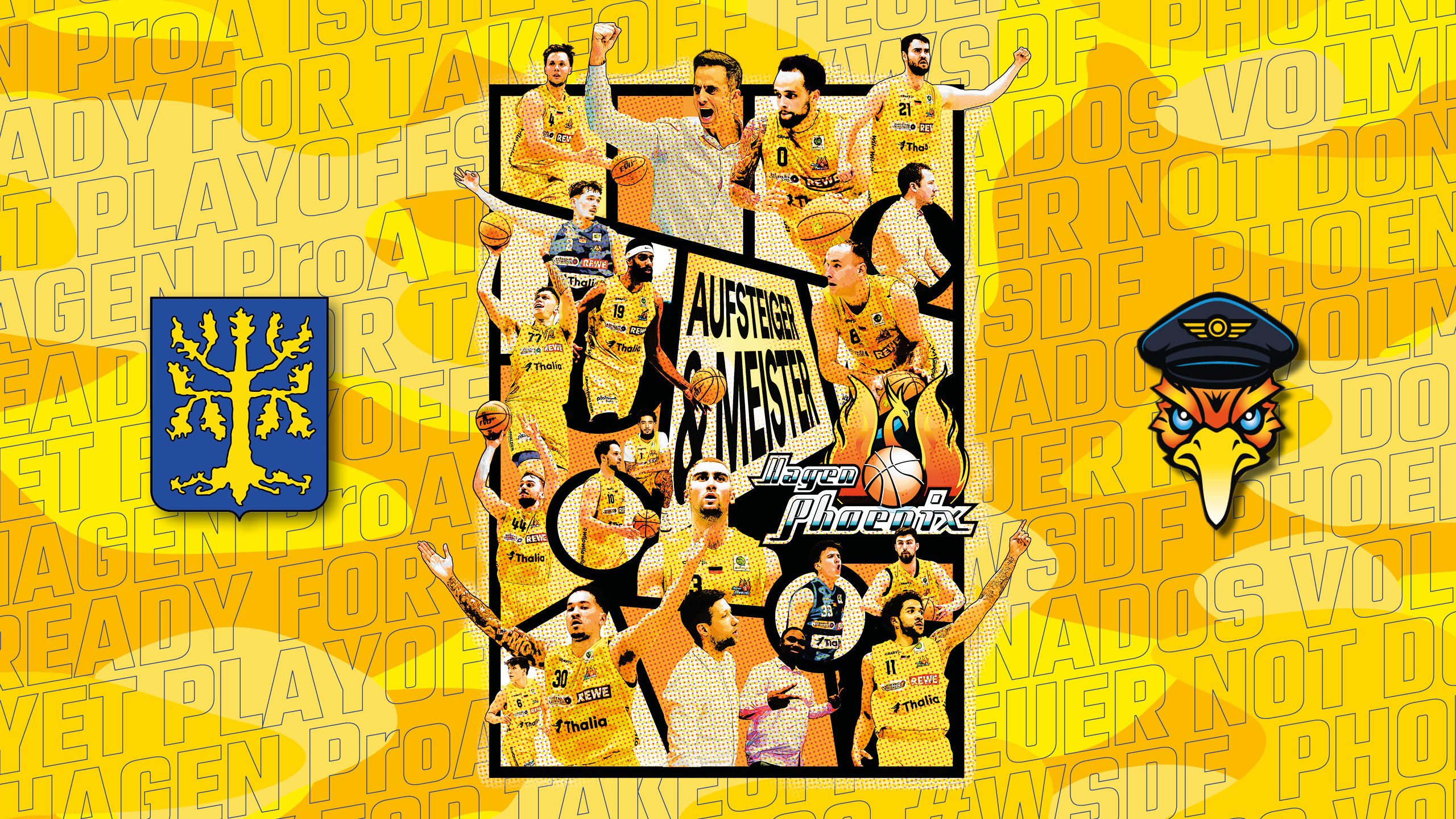 Collage jubelnder Basketballspieler in Gelb mit Adlerlogo auf Gelb