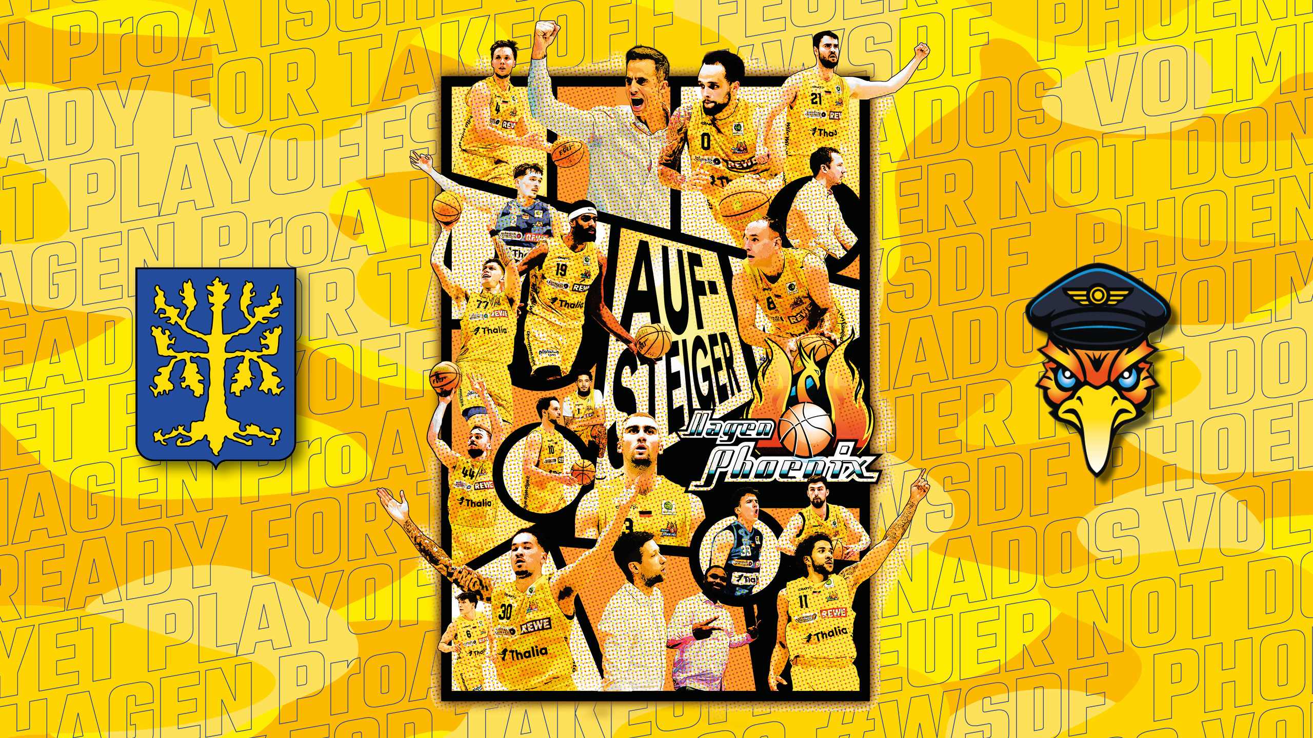 Jubelnde Basketballspieler in gelben Trikots vor gelbem Poster mit Adlerlogo