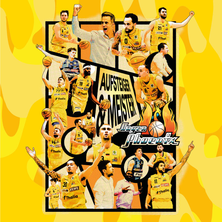 Mehrere jubelnde Basketballspieler in Gelb vor gelbem Poster mit Ball und Schriftzug