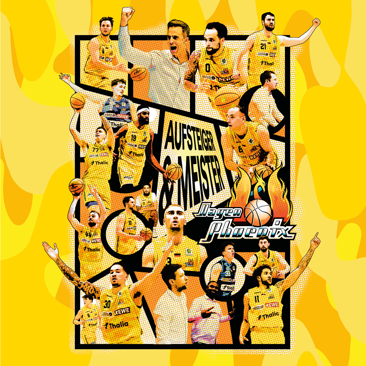 Mehrere jubelnde Basketballspieler in Gelb vor gelbem Poster mit Ball und Schriftzug