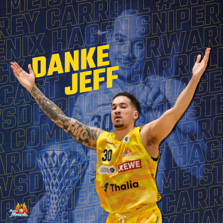 Junger Basketballspieler jubelt in gelbem Trikot vor blauem Danke Jeff Text