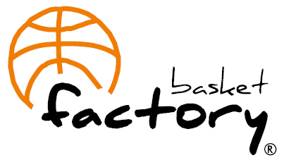 Schwarzer Schriftzug factory mit orangem Basketball Symbol darüber, schlicht