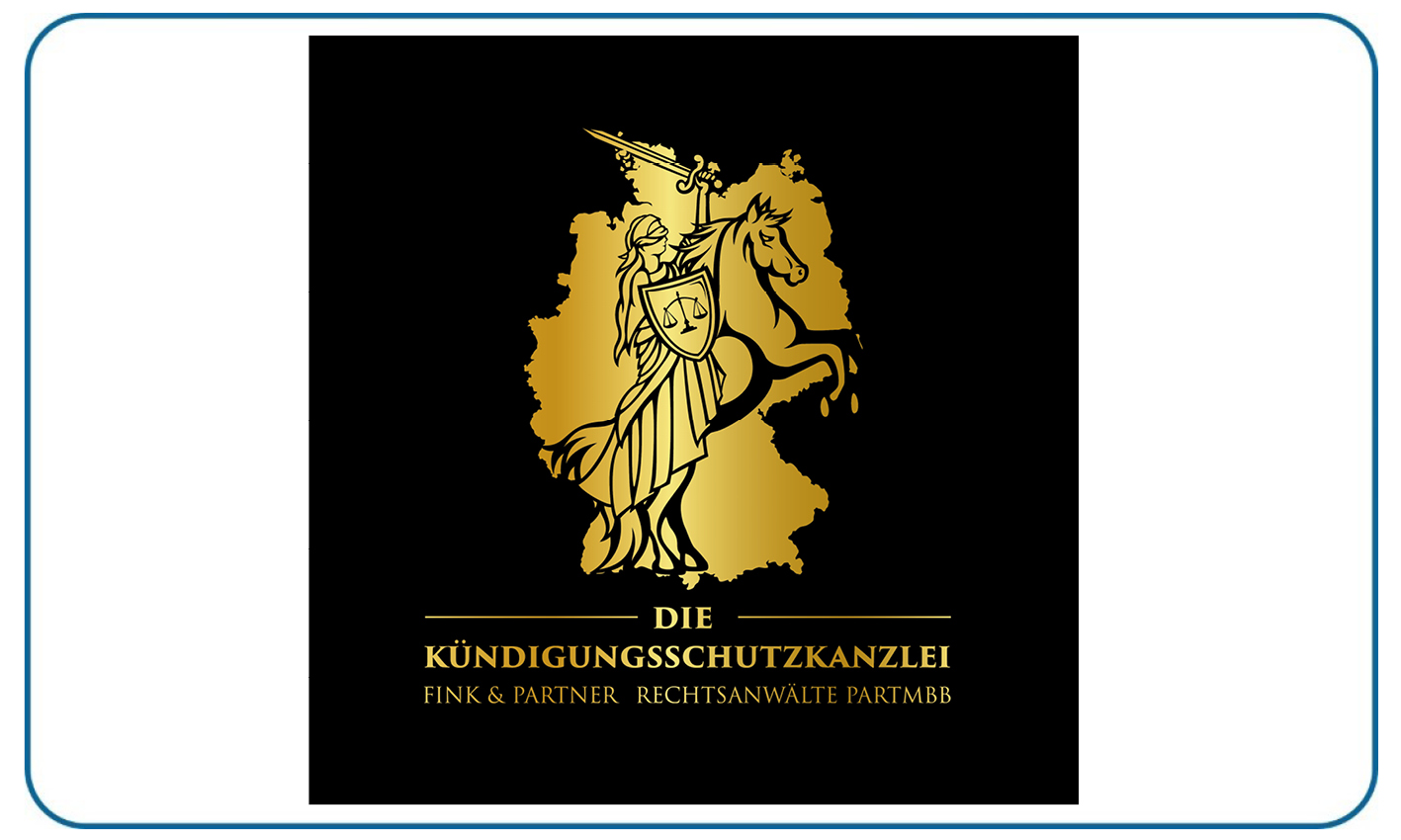 Goldenes Kanzleilogo mit Ritter zu Pferd und Schwert auf Schwarz