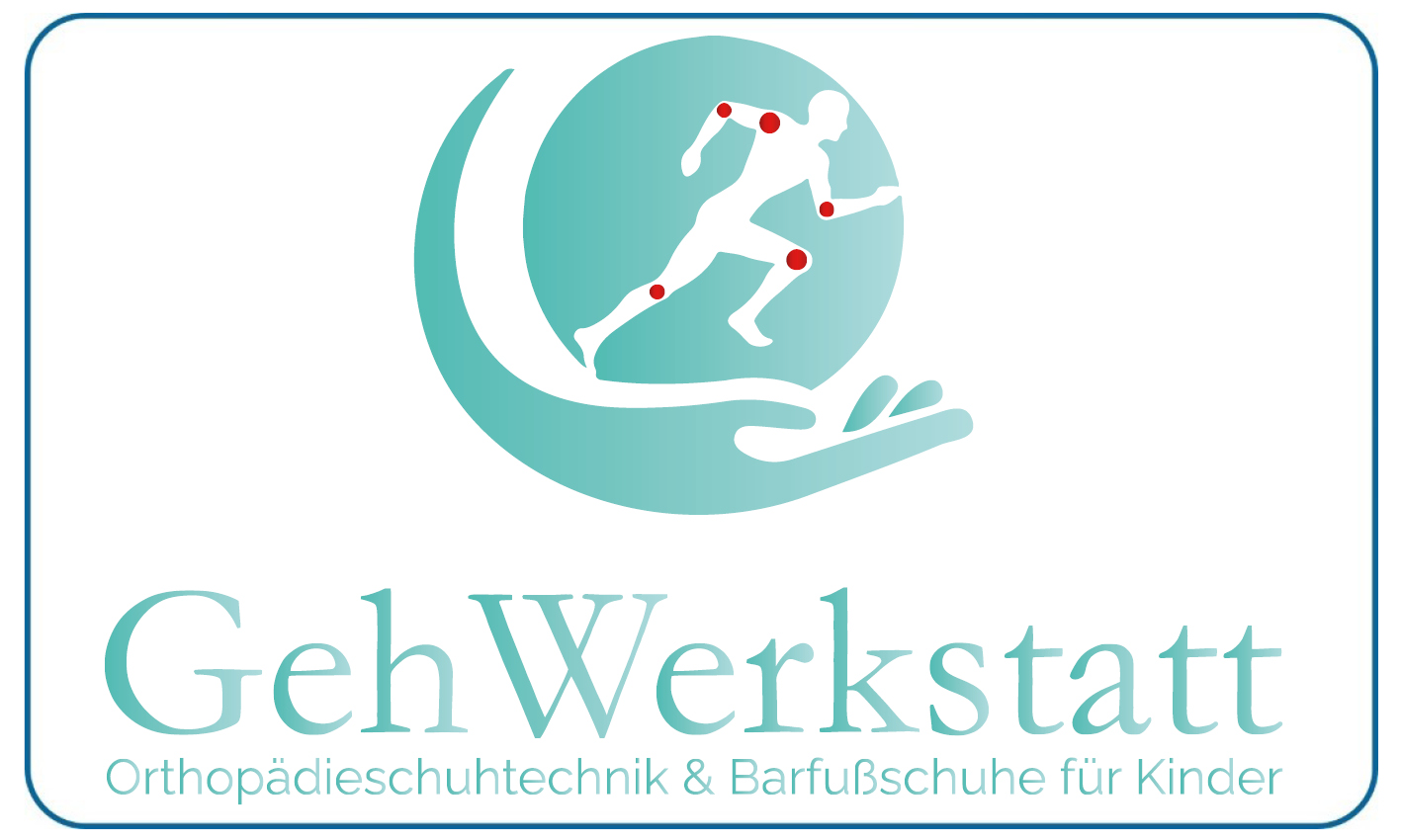 Türkises GehWerkstatt Logo mit laufender Figur und roten Punkten in Handform