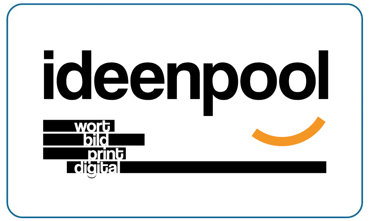 Schwarzes Ideenpool Logo mit orangener Kurve auf weissem Rahmen