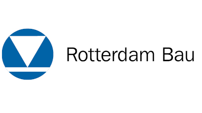 Blaues Logo mit Dreieck und Schriftzug Rotterdam Bau in Schwarz