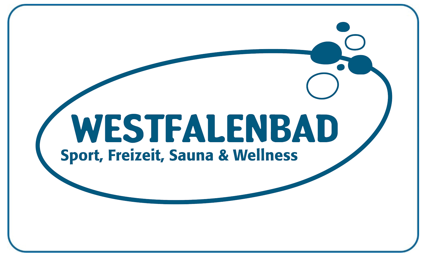 Blaues Westfalenbad Logo mit Schrift und Blasen im ovalen Rahmen