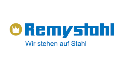 Blaues Remystuhl Logo mit goldener Krone und Slogan Wir stehen auf Stahl