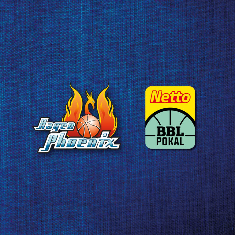 Blaue Grafik mit Jagen Phoenix Logo und gelbem Netto BBL Pokal Emblem