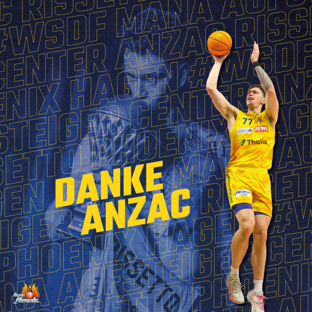 Fokussierter Basketballspieler in gelbem Trikot springt mit orangefarbenem Ball vor blauem Danke Anzac Text