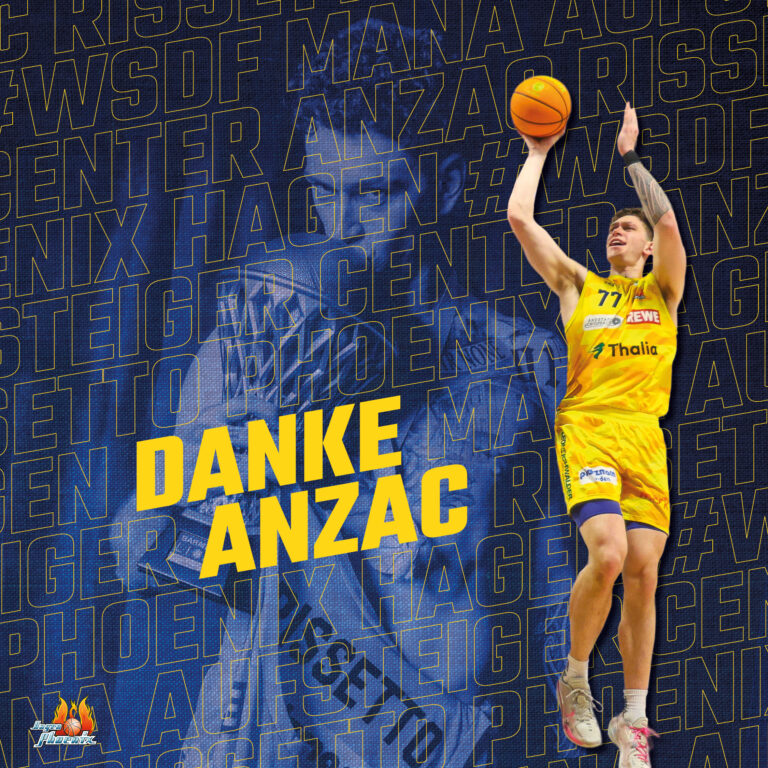 Fokussierter Basketballspieler in gelbem Trikot springt mit orangefarbenem Ball vor blauem Danke Anzac Text