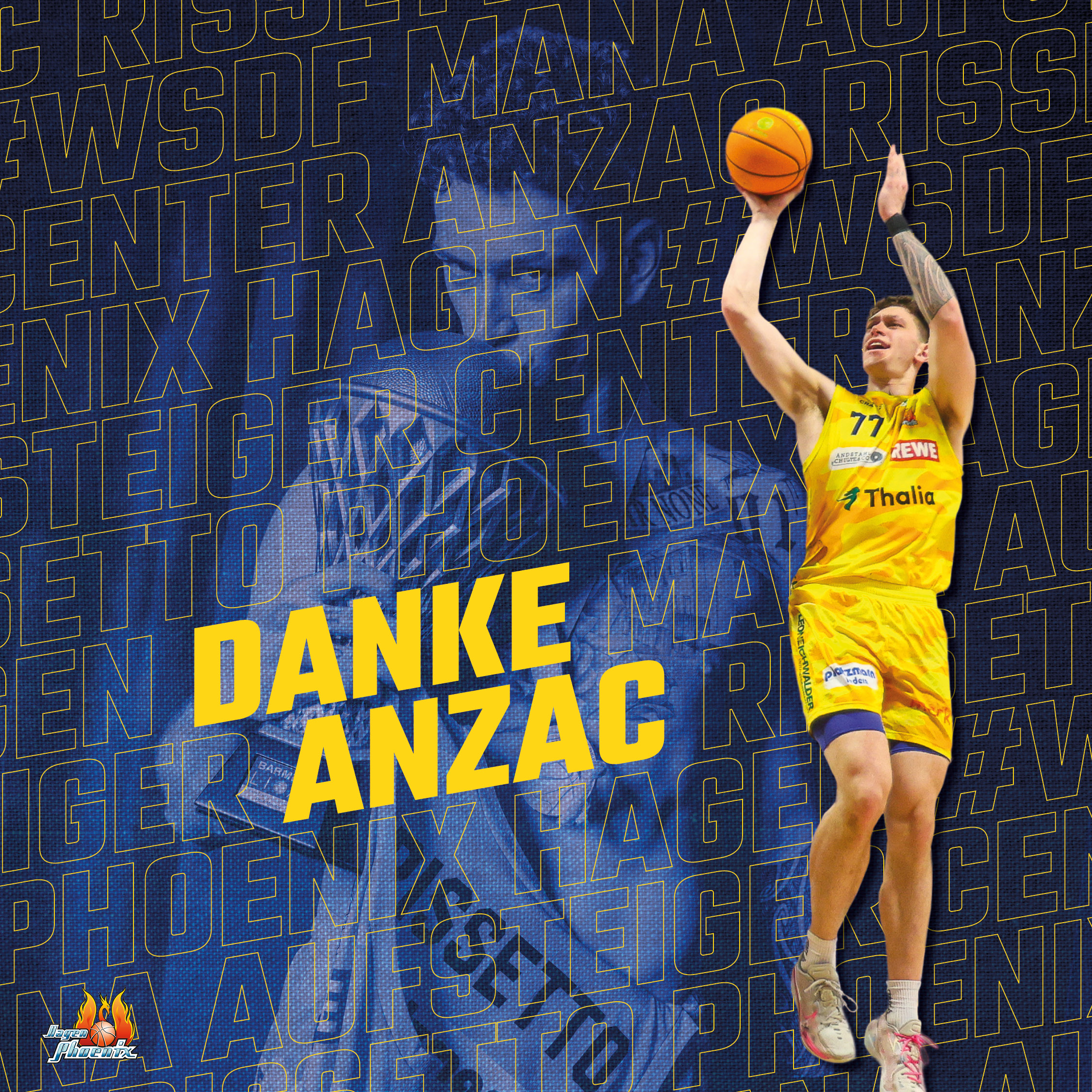 Fokussierter Basketballspieler in gelbem Trikot springt mit orangefarbenem Ball vor blauem Danke Anzac Text