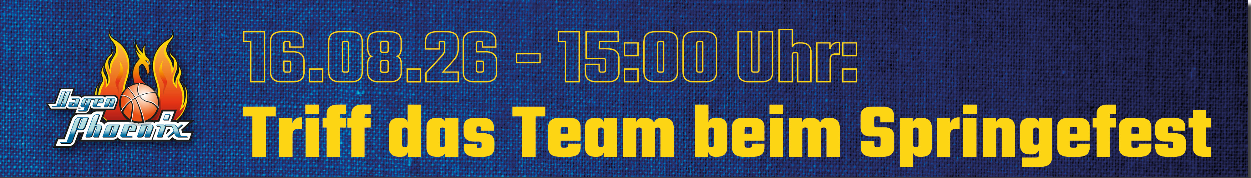 Lachendes Teamlogo in Blau und Orange mit Flammen und Eventtext in Gelb