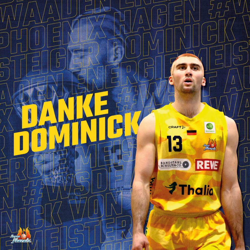 Er blickt ernst in gelbem Basketballtrikot mit Nummer 13 vor blauem Schriftmuster