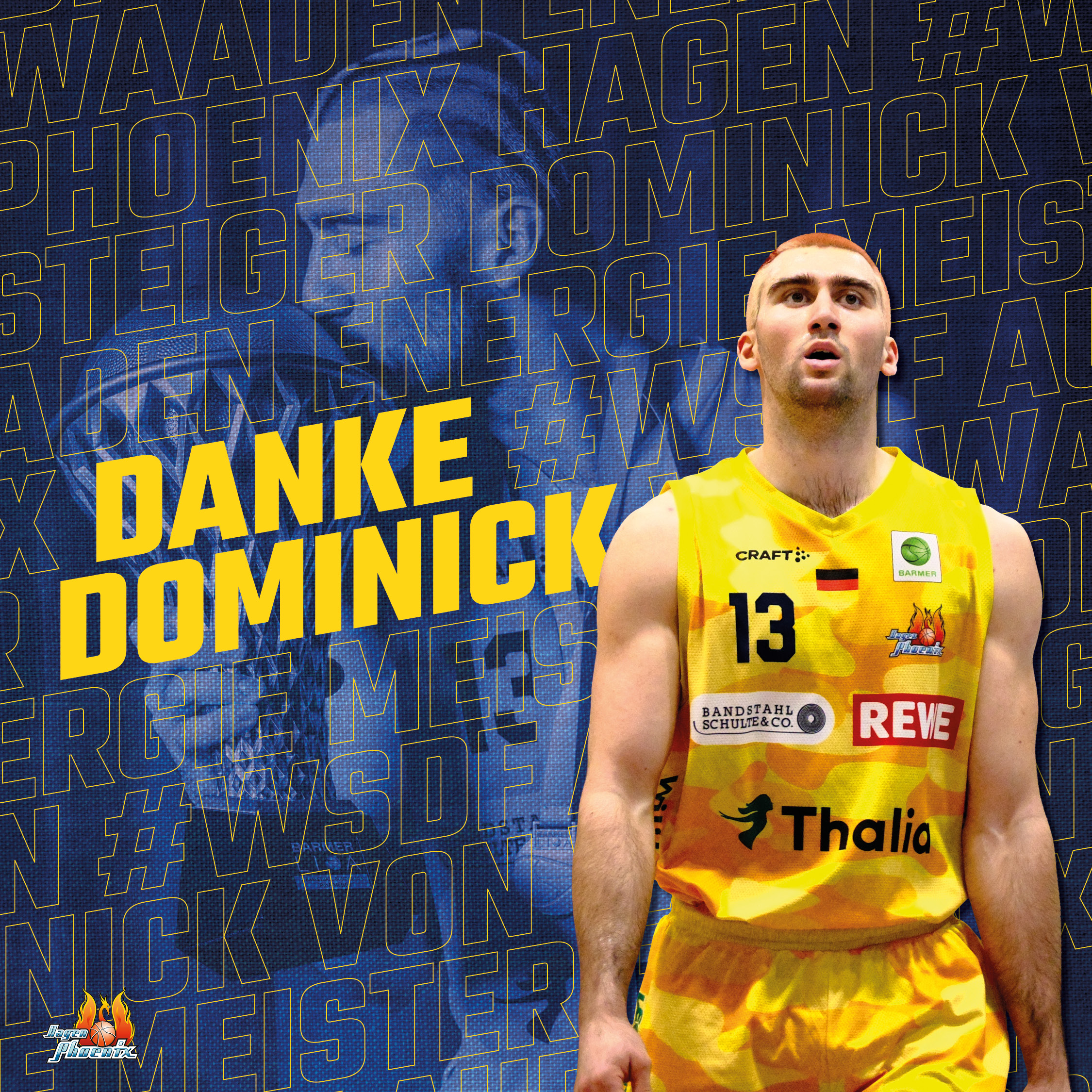 Er blickt ernst in gelbem Basketballtrikot mit Nummer 13 vor blauem Schriftmuster