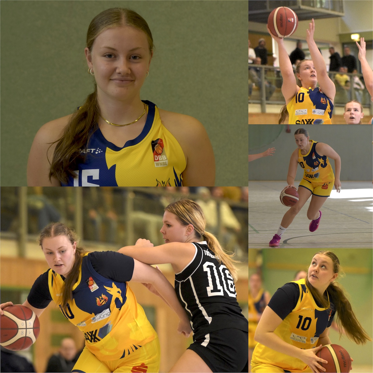 Junge Basketballspielerin im gelb blauen Trikot Nummer 10 beim Spiel