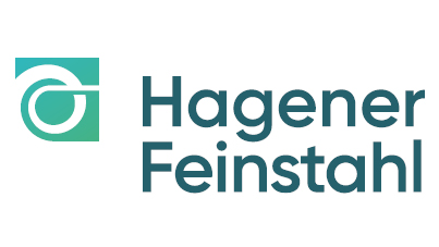 Logo der Firma Hagener Feinstahl mit grünem Symbol und dunkelblauem Schriftzug