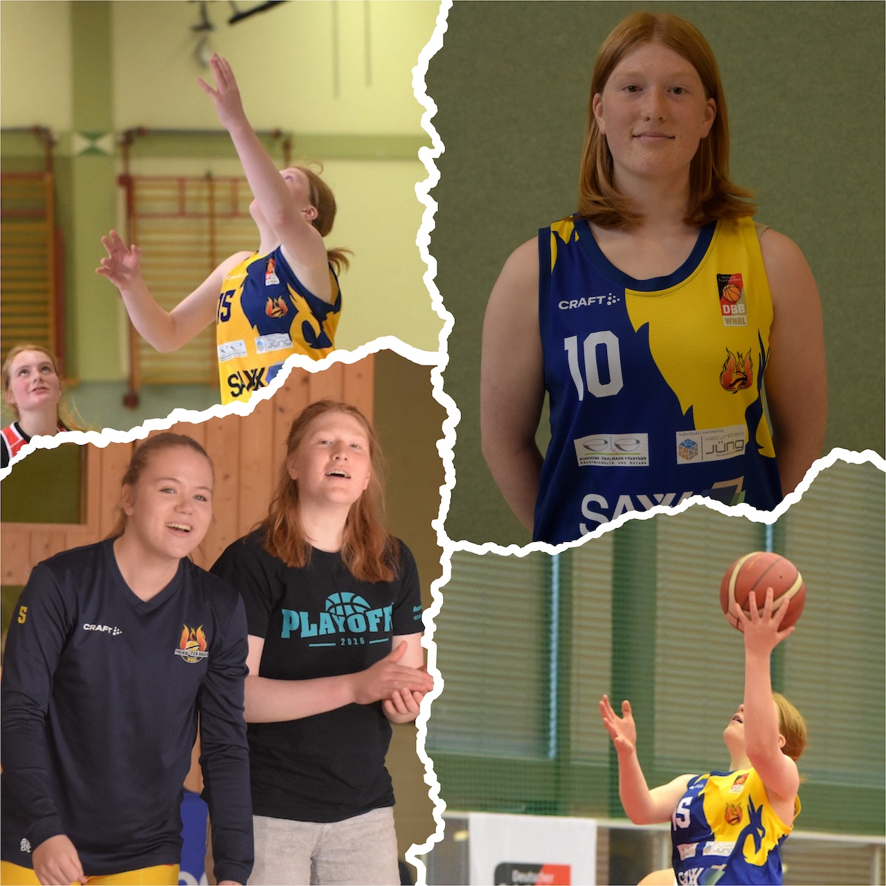 Junge Basketballspielerin mit rotbraunem Haar im blau gelben Trikot Nummer 10