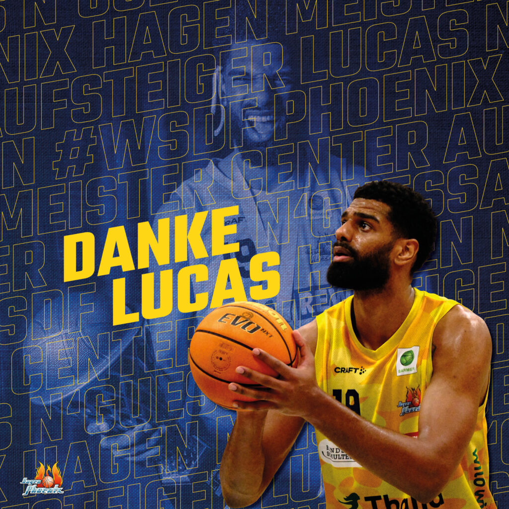 Bartiger Basketballspieler im gelben Trikot schaut fokussiert mit Ball, Danke Lucas Text in Blau Gelb