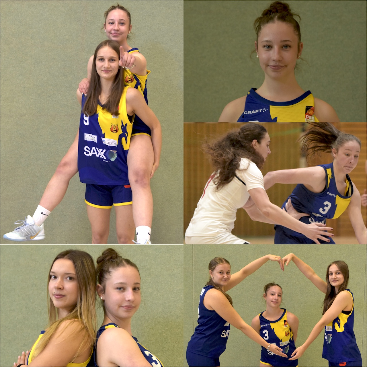 Junge Basketballspielerinnen in blau gelben Trikots laecheln und posieren
