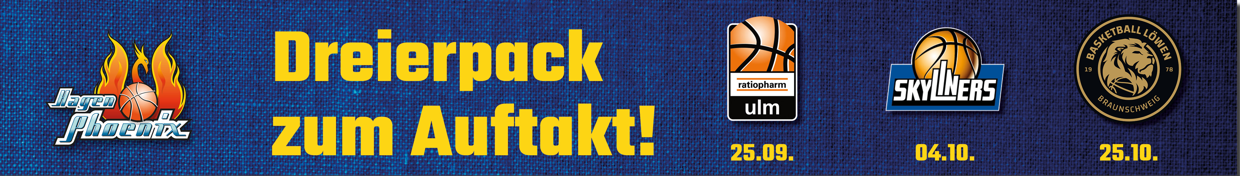 Werbebanner in Blau mit Basketballlogos und Text Dreierpack zum Auftakt