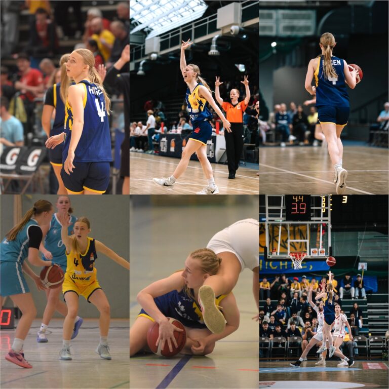 Basketballspielerin mit blonden Haaren im blau gelben Trikot Nummer vier beim Spiel
